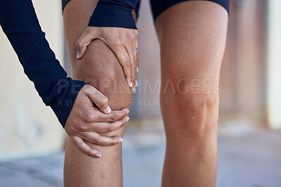 Buy stock photo Knee, joint pain and cardio person tired from outdoor exercise, marathon race and hurt from fitness burnout. Legs injury, fatigue and runner sore from running, sports accident or bad training mistake