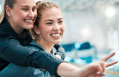 Buy stock photo Sports swimming, face and happy people piggyback ride, friends having fun and partner smile for practice, teamwork or exercise. Peace sign, emoji V icon and team happiness for swimmer competition