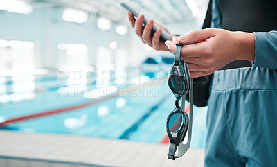 Buy stock photo Athlete hands, goggles and phone by swimming pool for training, exercise or fitness information, social media and timer. Sports person or swimmer on mobile or chat and reading update or progress