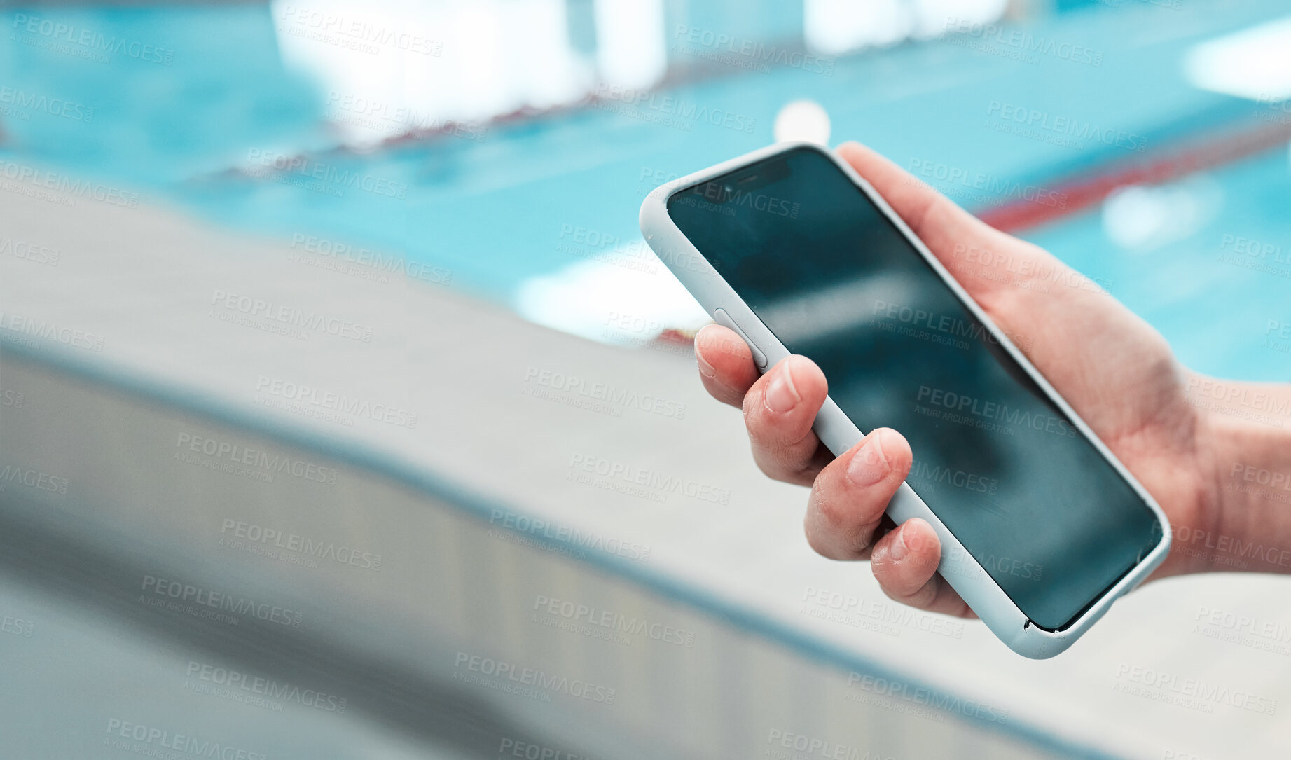 Buy stock photo Person, hand and phone mockup by pool in social media, communication or networking in sports fitness. Closeup of swimmer on mobile smartphone display or screen for swimming app or online search 