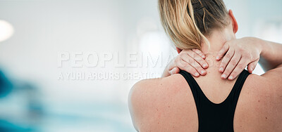 Sports injury, neck pain and space with woman at swimming pool for fitness, training and health. First aid, emergency and accident with person and problem for muscle ache, inflammation and mockup