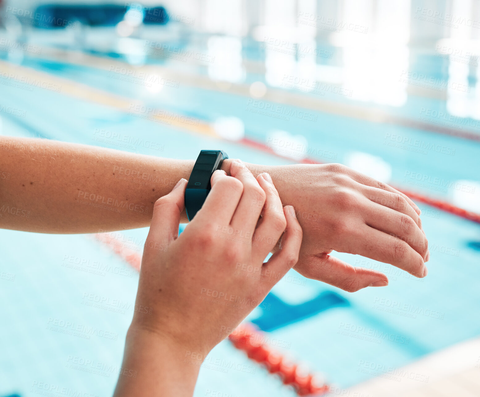 Buy stock photo Stopwatch, person or hands of swimmer at swimming pool for sports, workout or fitness progress. Personal trainer, exercise or closeup of athlete with timer to check or monitor clock goal or heartbeat