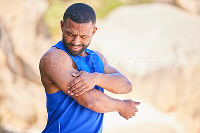 Buy stock photo Arm pain, sport and man outdoor, accident and fitness exercise in training workout. Body injury, shoulder or arthritis of athlete, muscle problem or fibromyalgia in medical emergency for osteoporosis