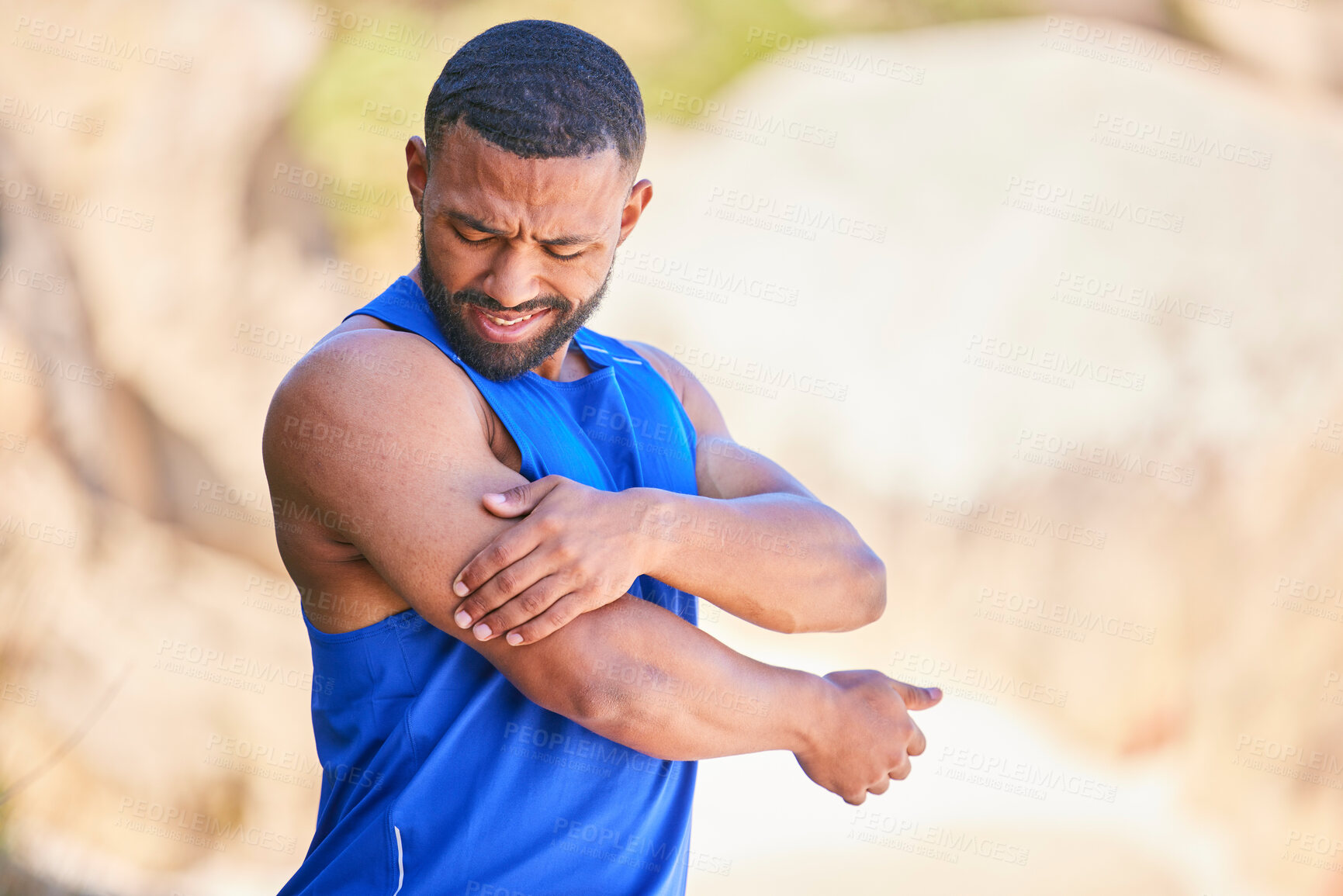 Buy stock photo Arm pain, sport and man outdoor, accident and fitness exercise in training workout. Body injury, shoulder or arthritis of athlete, muscle problem or fibromyalgia in medical emergency for osteoporosis