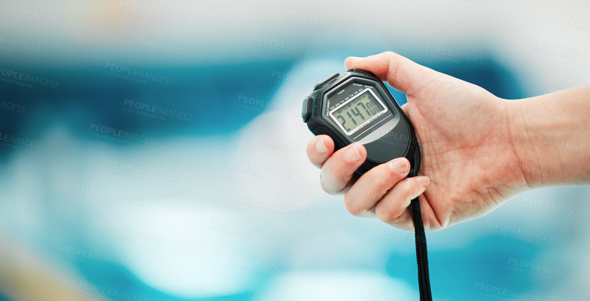 Buy stock photo Hand, stopwatch and mockup with a fitness coach closeup in a sports center for time or training. Clock, exercise and cardio or endurance with a personal trainer for marathon motivation or challenge