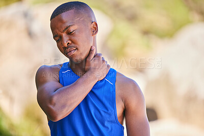 Buy stock photo Neck pain, sport and black man outdoor, accident and fitness exercise in training workout. Body, injury and arthritis of athlete, muscle problem or fibromyalgia in medical emergency for osteoporosis