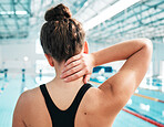 Sports injury, neck pain and fitness with woman at swimming pool for medical, training and health. First aid, emergency and accident with person and problem for muscle ache, inflammation and wellness