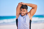 Happy man, stretching and fitness on beach for workout, exercise or outdoor training in sports. Muscular, athlete or sporty male person smile in body warm up or preparation on ocean coast in nature