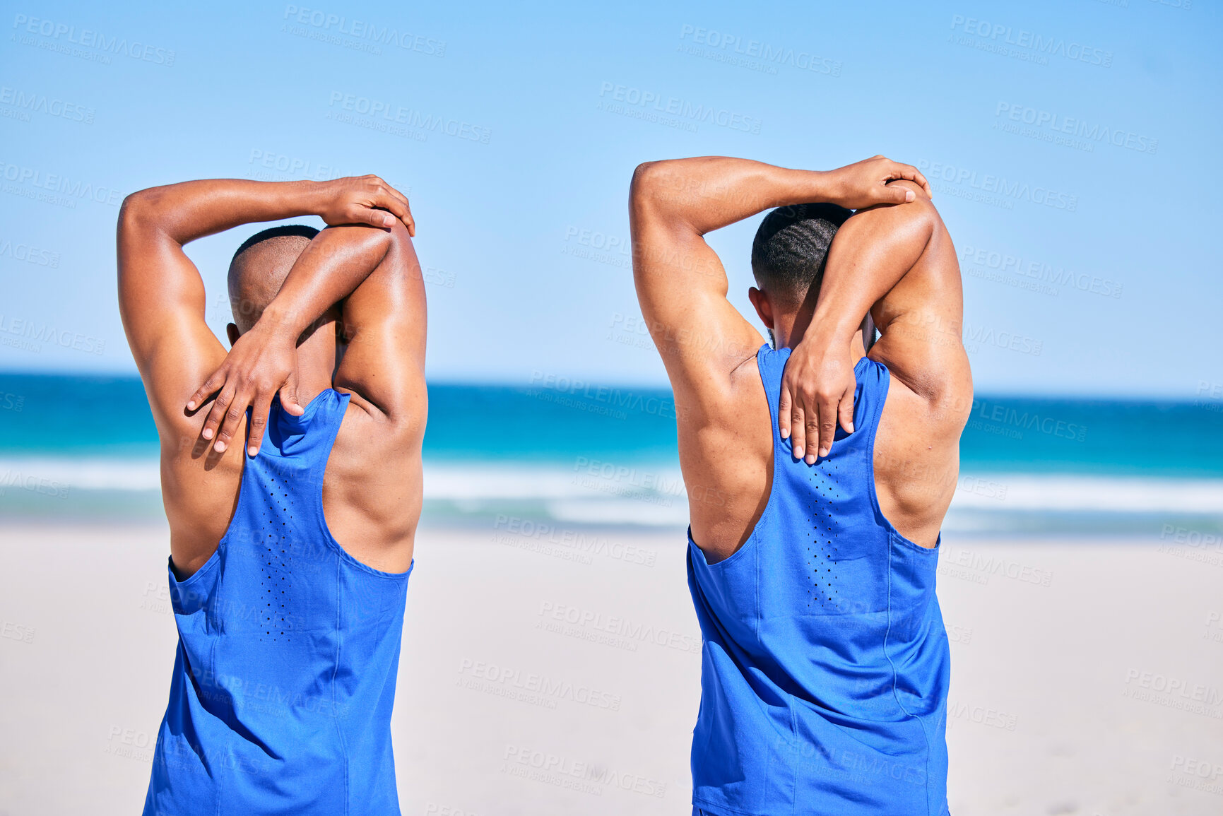 Buy stock photo Man, friends and stretching back in fitness on beach for workout, exercise or outdoor training in sports. Rear view of muscular, athlete or male person in body warm up together on the ocean coast