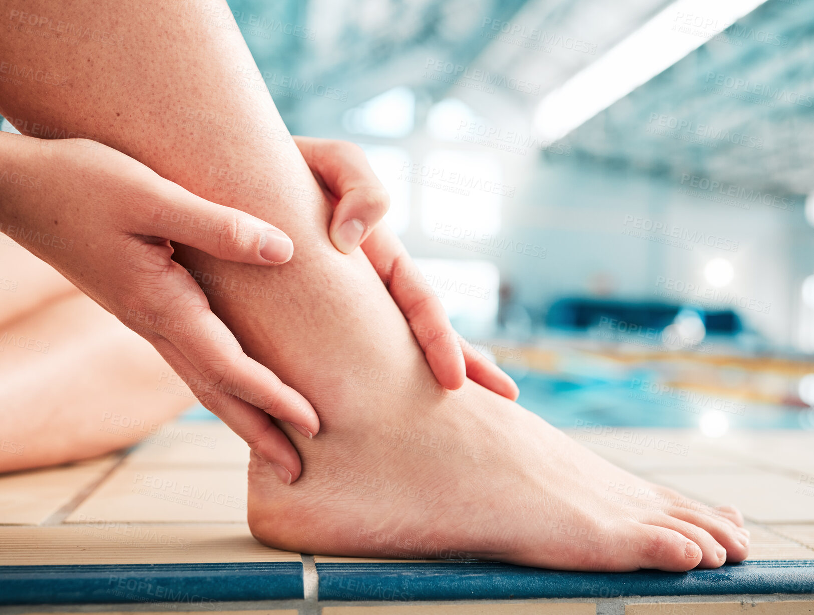 Buy stock photo Sports injury, ankle pain and closeup with person at swimming pool for fitness, training or health. First aid, emergency and accident with woman and problem for muscle ache, inflammation and medical