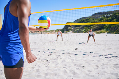 Buy stock photo Beach volleyball, sports and person serve ball, play competition and match training for fitness challenge. Summer game, rival athlete and player workout, exercise and ready to start competitive game