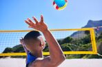 Summer beach, sports and person serve volley ball, play competition and player training, workout or exercise. Blue sky, tropical island and back of athlete start game, action or practice challenge