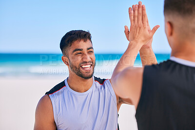 Buy stock photo Happy man, high five and teamwork in fitness on beach for workout success, training or outdoor exercise. Excited male person smile or friends in happiness or sports motivation together on ocean coast