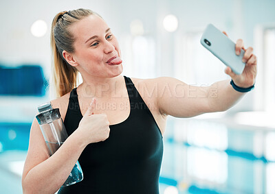 Buy stock photo Sports, selfie or happy woman athlete after a swimming exercise, training or workout on social media. Fitness, girl or excited female swimmer taking a picture with a thumbs up hand gesture to relax