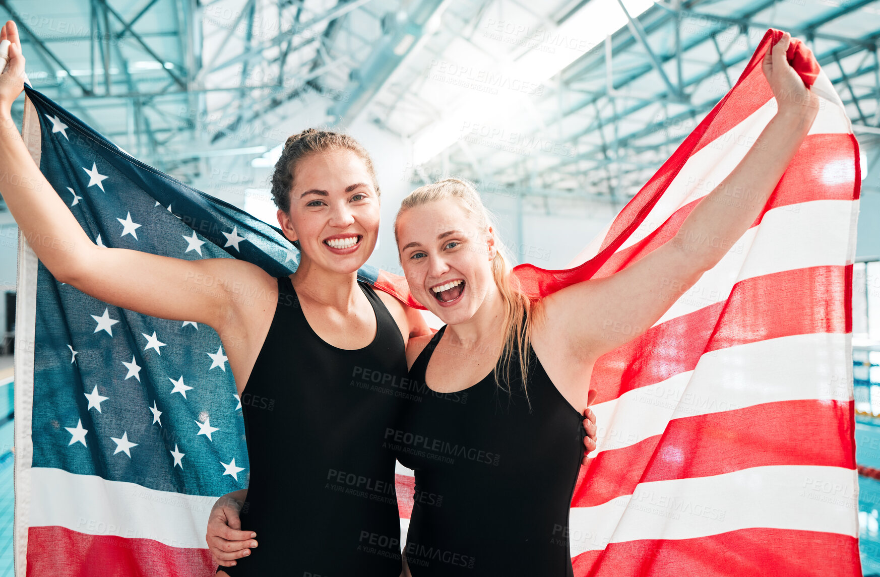 Buy stock photo Athlete women, american flag and celebration for win, fitness or excited smile in portrait at sports contest. Girl team, winner and hug by swimming pool for success, exercise and goals at competition