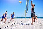 Blue sky beach, volleyball and sports people playing competition, outdoor match or practice for group tournament. Opponent, game net and team player workout, training or exercise for athlete teamwork