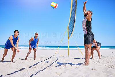Buy stock photo Blue sky beach, volleyball and sports people playing competition, outdoor match or practice for group tournament. Opponent, game net and team player workout, training or exercise for athlete teamwork