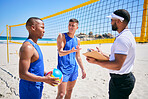 Beach, volleyball and team, game plan and conversation advice with coach for competition strategy. Fitness, outdoor sports and player motivation, support and training objective with team manager.