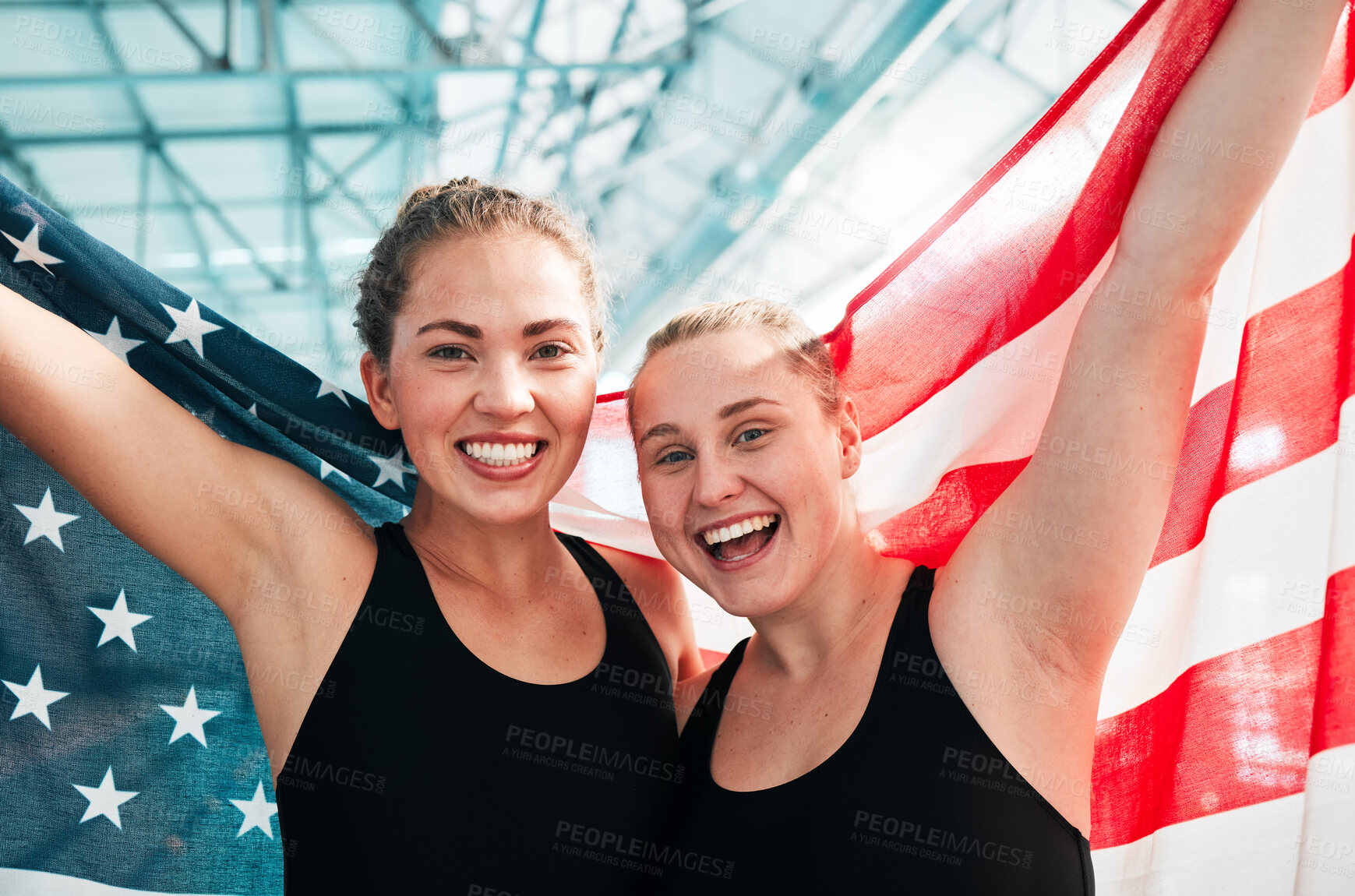 Buy stock photo Athlete women, usa flag and celebration for win, fitness and excited in portrait at sports contest. Girl team, winner and together by swimming pool with success, exercise and goals at competition