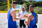Beach, volleyball and men with coach, game plan and conversation for advice in competition strategy. Fitness, outdoor sports and player motivation, support and training objective with team manager.