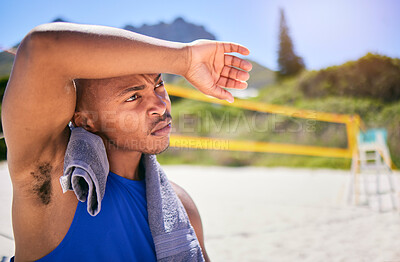 Buy stock photo Tired man, volleyball and sports fitness on beach in match, game or intense outdoor competition in sun. Exhausted male person or player in sweat, break or rest after workout, exercise or training