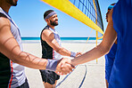 Volleyball, men and team handshake at beach in competition, game and respect for match. Shaking hands, sports group and people at ocean in agreement, collaboration and exercise for fitness in summer