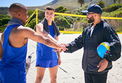 Buy stock photo Happy man, volleyball and hands together on beach in motivation, teamwork or training in fitness. Excited male person piling in team sports, game or support in unity, meeting or goals on ocean coast