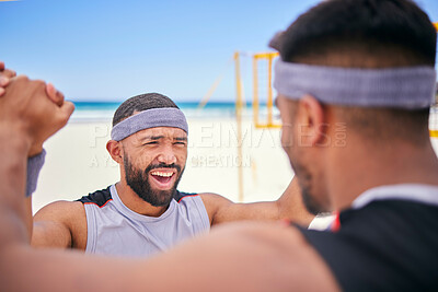 Buy stock photo Happy man, volleyball and celebration on beach in winning, victory or match point in fitness, exercise or motivation. Excited male person in team sports, game or achievement in success on ocean coast