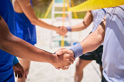 Buy stock photo Volleyball, handshake and team at beach in competition, thank you in game and welcome to match. Shaking hands, sports and men at ocean in group agreement, greeting introduction and fitness exercise