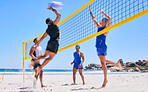 Beach volleyball match, jump and sports people play competition, outdoor game and active training for fitness challenge. Summer teamwork, rival athlete and team workout, activity and partner exercise
