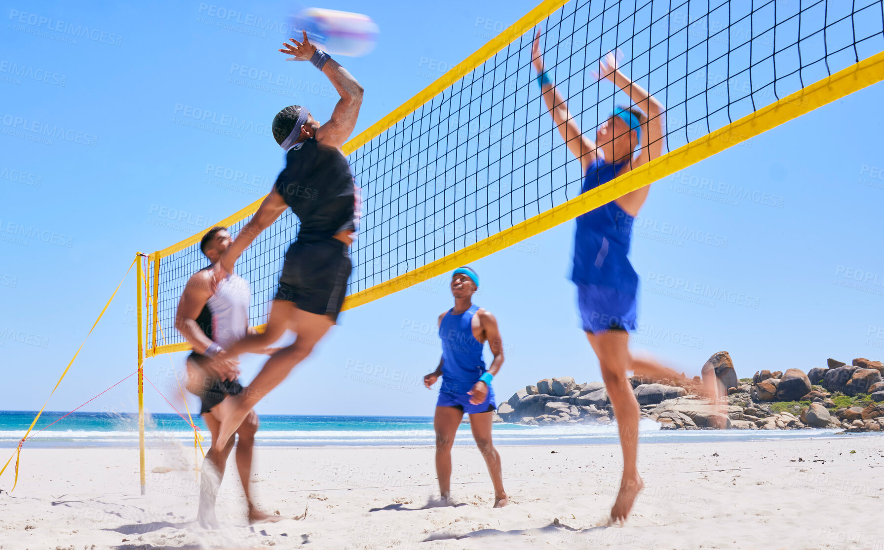 Buy stock photo Beach volleyball match, jump and sports people play competition, outdoor game and active training for fitness challenge. Summer teamwork, rival athlete and team workout, activity and partner exercise