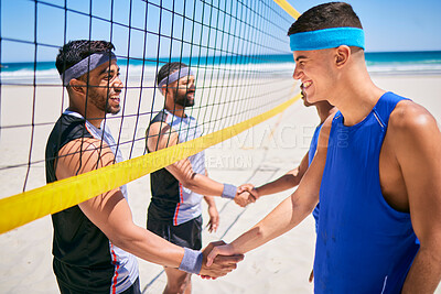 Buy stock photo Volleyball, team and people shaking hands at beach in competition, game and welcome to match. Handshake, sports and happy men at ocean in group agreement, introduction and fitness exercise in summer.