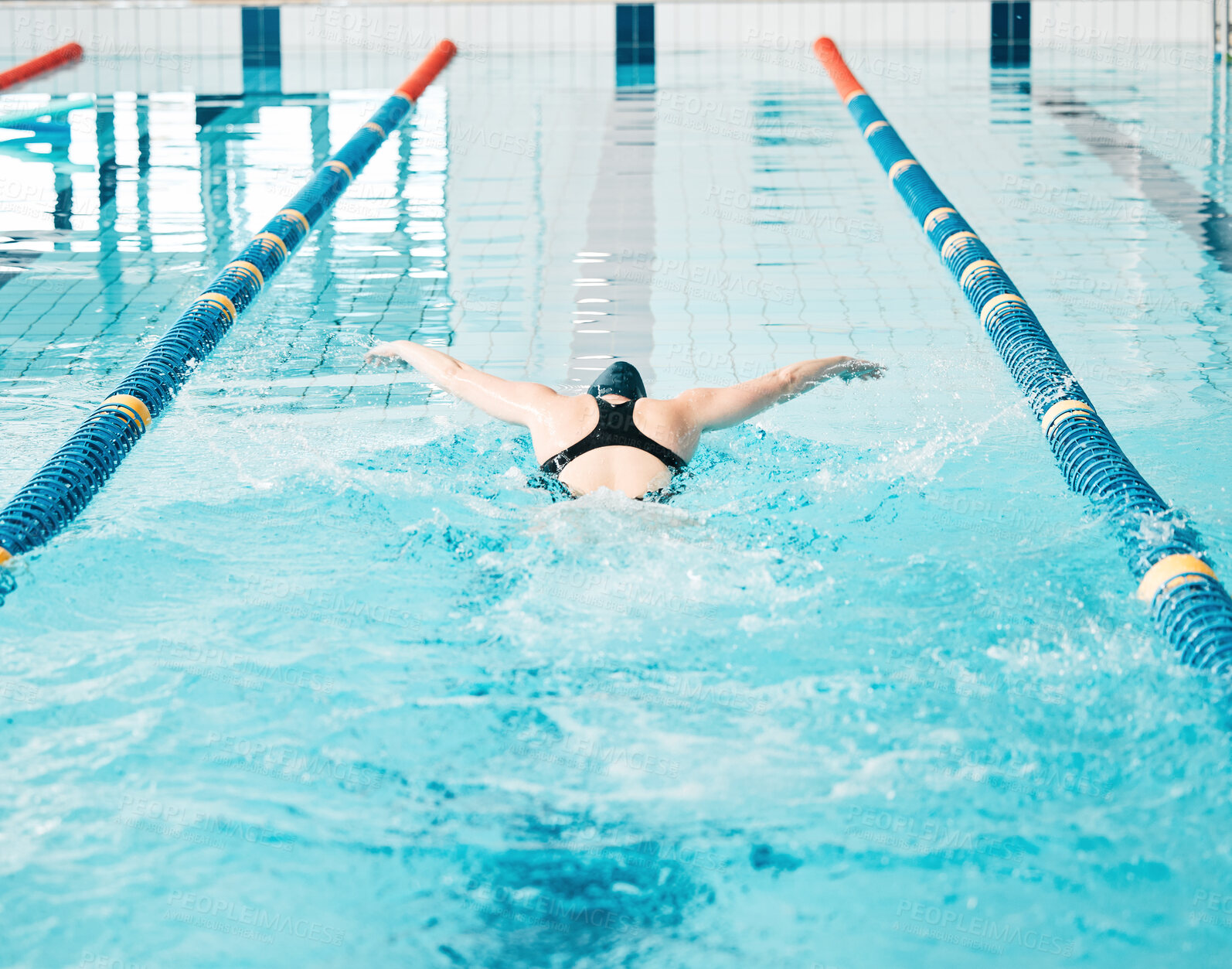 Buy stock photo Sports, swimming pool and woman athlete training for a race, competition or tournament. Fitness, workout and back of female swimmer practicing a cardio water skill for exercise, speed or endurance.