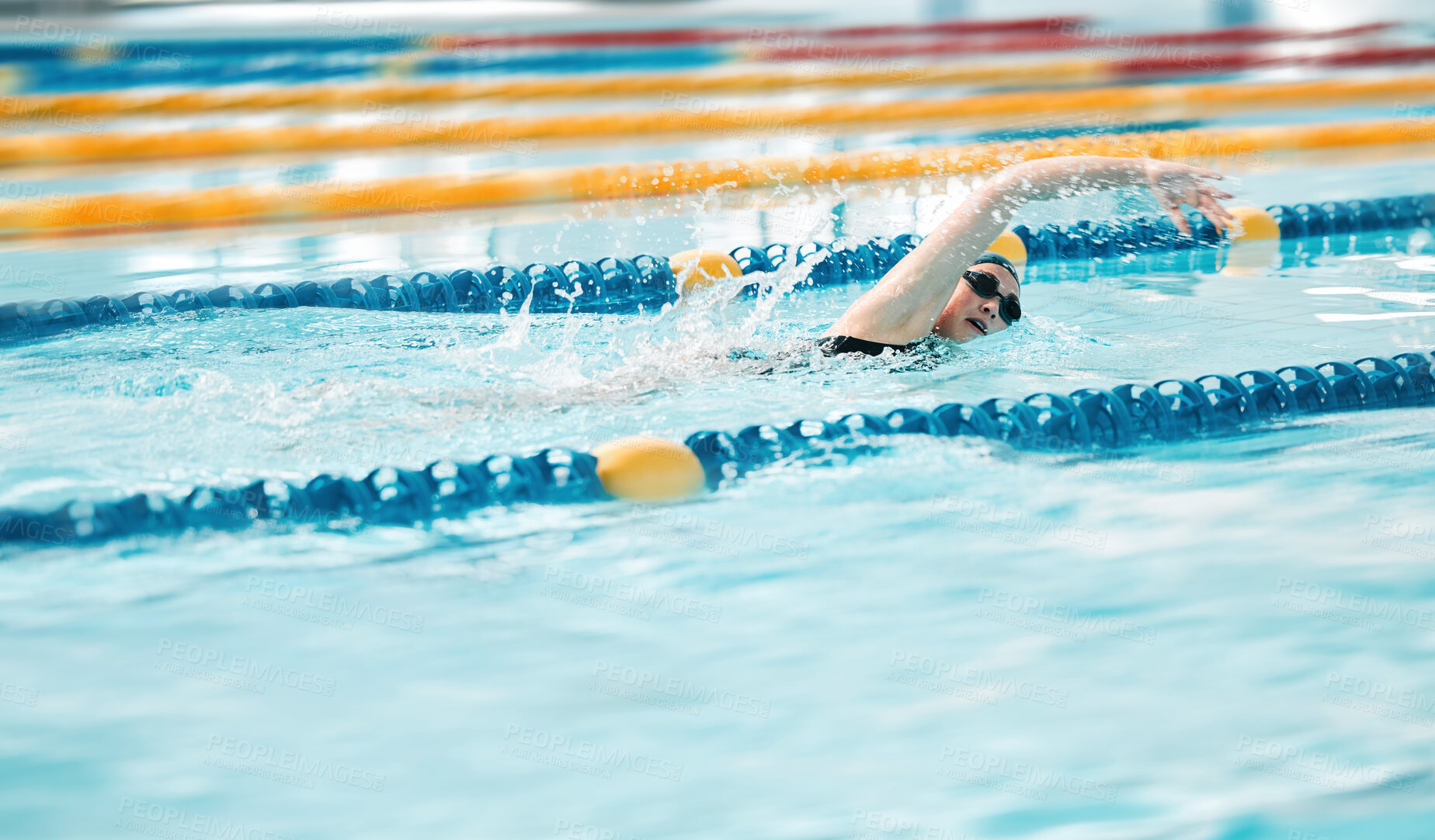 Buy stock photo Swimming exercise, pool and sports person training for challenge, freestyle competition or performance workout. Gym club swimmer, water splash and active athlete cardio, race or practice stroke