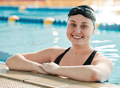 Buy stock photo Fitness, swimming pool and portrait of a sports woman with a smile for workout, competition or exercise. Happy athlete person or professional swimmer at training for performance and challenge