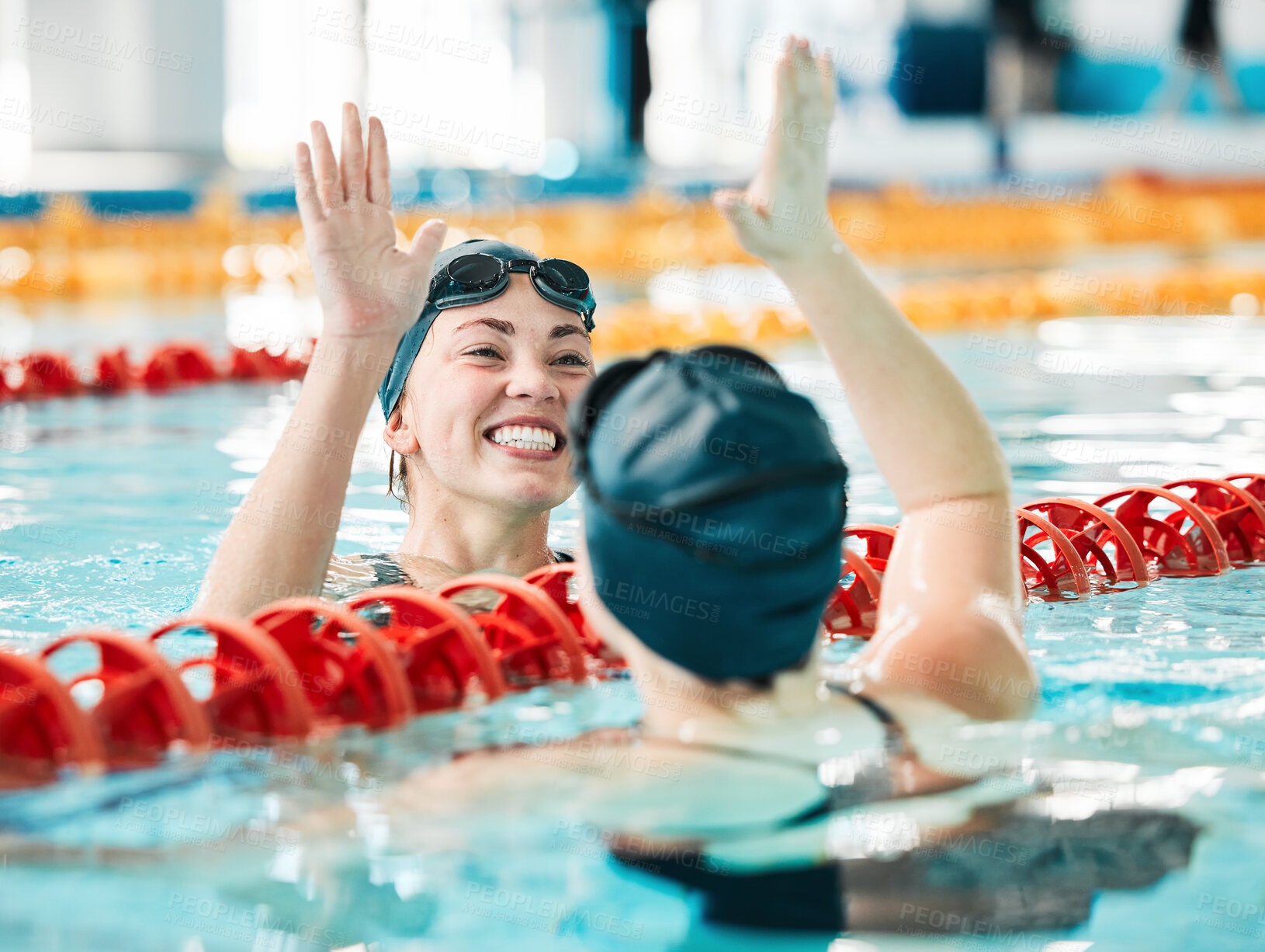 Buy stock photo Fitness, swimmer and women with high five, celebration and achievement with workout, wellness and winning. Exercise, winner or champion in a pool, celebration or support with success, sports or smile