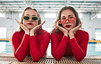 Women, sunglasses portrait and fashion at a pool with gen z, hipster and style of girl friends with clothes. Red swimsuit, cool and trendy urban glasses with young people together in water and gym