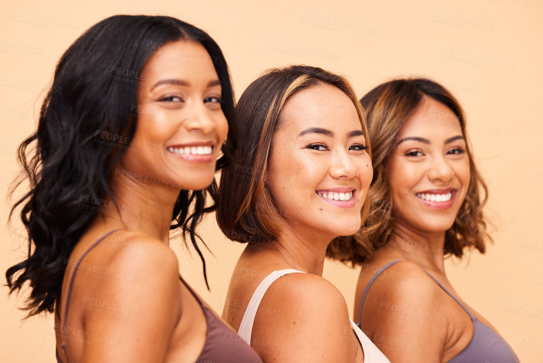 Buy stock photo Women, skincare and portrait with diversity in beauty, studio or beige background and friends, group or happiness in salon. Natural, cosmetics and female models with confidence, pride and self care