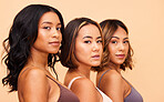 Diversity, beauty and portrait of women in row with self love, solidarity and pride in studio together. Face, group of people on beige background with underwear, skincare and cosmetics for hair care.