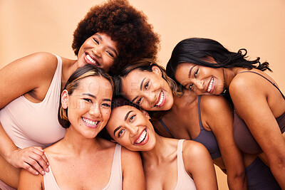 Buy stock photo Beauty, diversity and portrait of women happy with makeup for cosmetic skincare isolated in studio brown background. Skin, aesthetic and young friends together for self care, dermatology and support