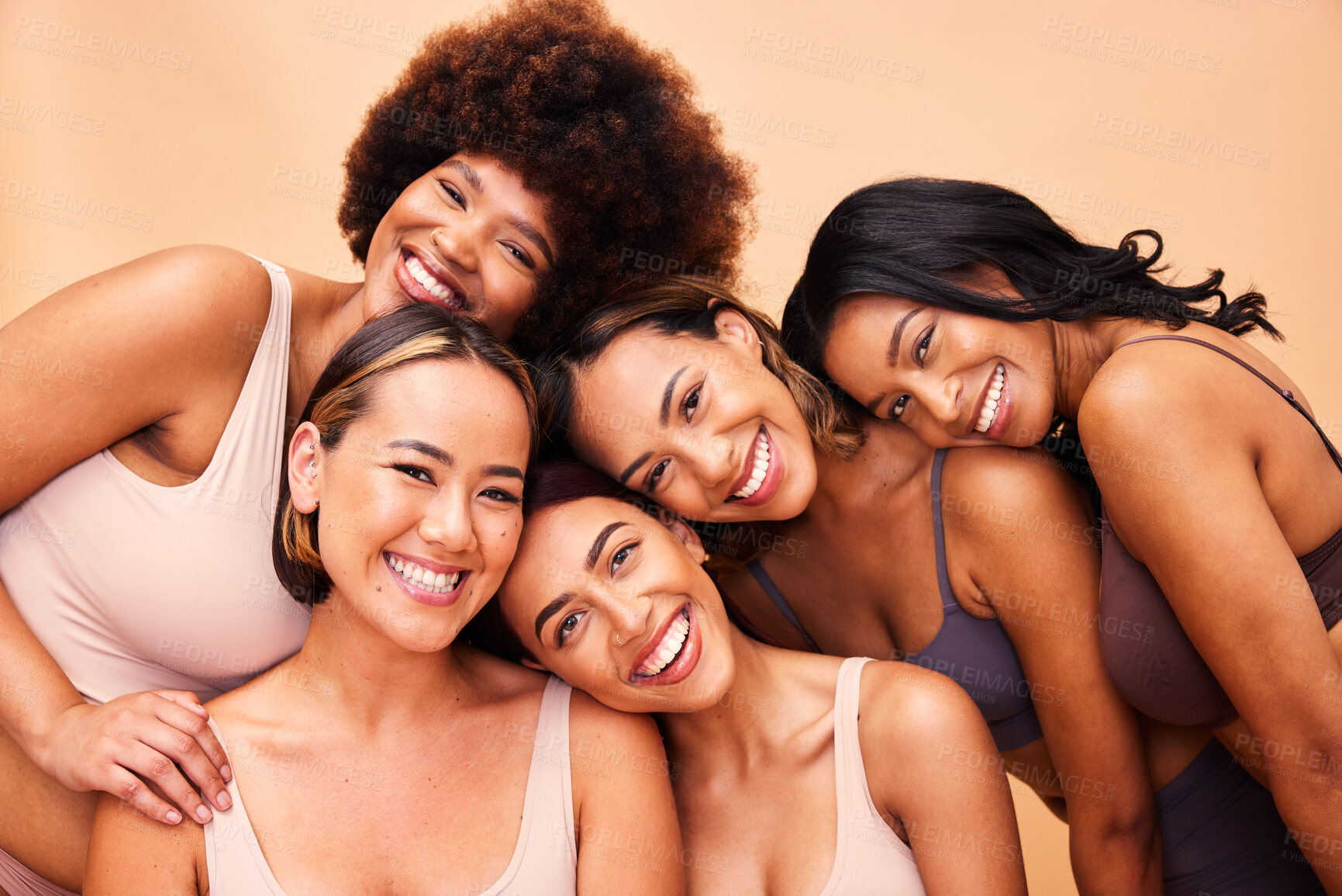 Buy stock photo Beauty, diversity and portrait of women happy with makeup for cosmetic skincare isolated in studio brown background. Skin, aesthetic and young friends together for self care, dermatology and support