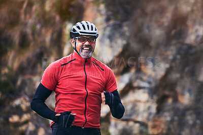Buy stock photo Cycling, mountain and excited mature man for exercise, training and workout goals in nature. Sports, travel and happy male cyclist with celebration for wellness, cardio and fitness for adventure