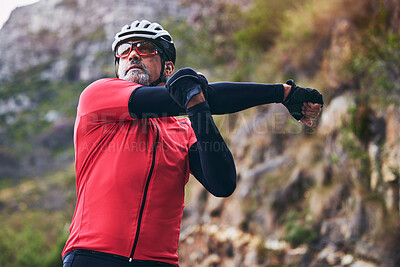 Buy stock photo Man, cyclist and stretching body on mountain in sports fitness, workout or outdoor exercise in nature. Active male person or athlete in warm up, cycling or ready for cardio marathon or training