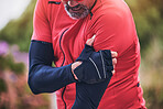 Man, cyclist and arm injury in sports accident, emergency or broken bone on mountain road in nature. Closeup of male person or athlete with sore pain, ache or joint inflammation from cycling or fall