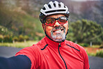 Happy man, cyclist and portrait in selfie on mountain bicycle for photograph, picture or outdoor memory in nature. Male person or athlete smile in photo, happiness or cycling in fitness or travel