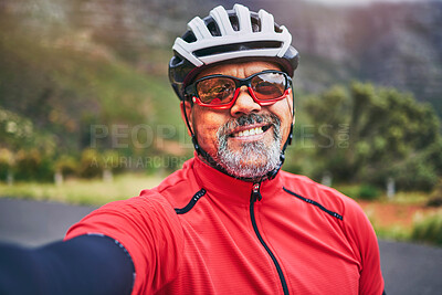 Buy stock photo Happy man, cyclist and portrait in selfie on mountain bicycle for photograph, picture or outdoor memory in nature. Male person or athlete smile in photo, happiness or cycling in fitness or travel