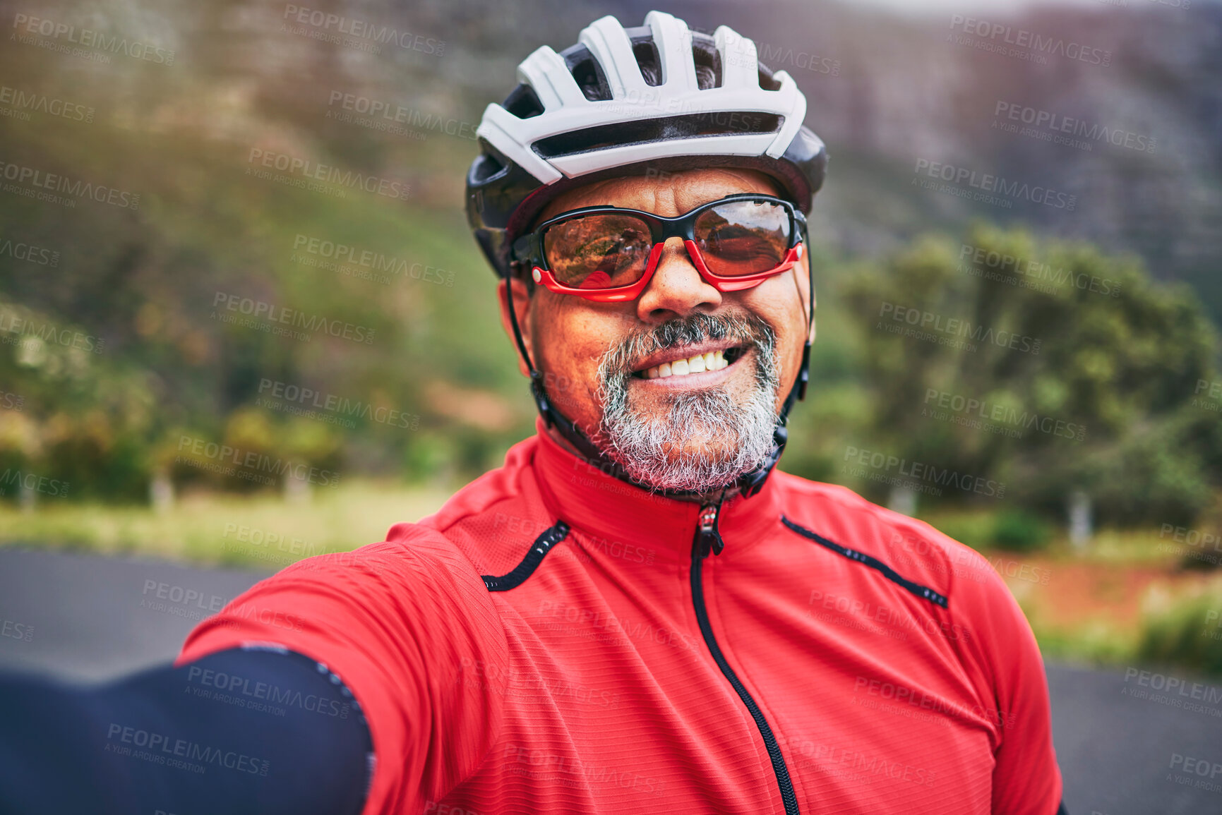 Buy stock photo Happy man, cyclist and portrait in selfie on mountain bicycle for photograph, picture or outdoor memory in nature. Male person or athlete smile in photo, happiness or cycling in fitness or travel