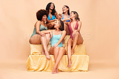 Buy stock photo Women group, swimwear and friends in studio, skin or diversity for comic laugh by background. Girl equality, funny chat and healthy body in bikini, summer or beauty for plus size inclusion with pride