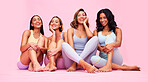 Portrait, friends and women with fitness, exercise and pilates training on a pink studio background. Smile, group and teamwork with workout, sports and support with wellness, relax and healthy people