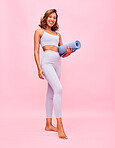 Fitness, portrait and woman with yoga mat on pink background for healthy body, exercise and smile in studio. Happy young sports model ready for pilates training, workout or performance to lose weight